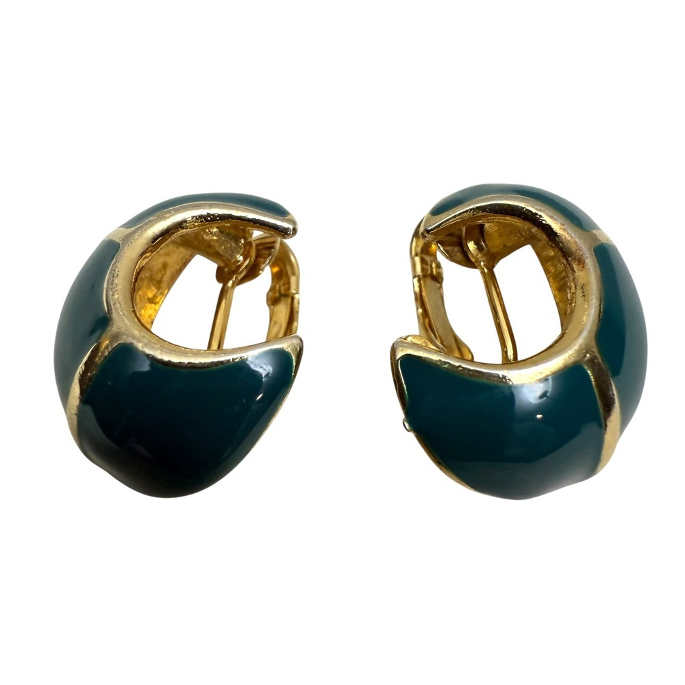 Vintage Gold Tone Enamel Emerald Green Clip On Earrings Oval Hoop Lightweight